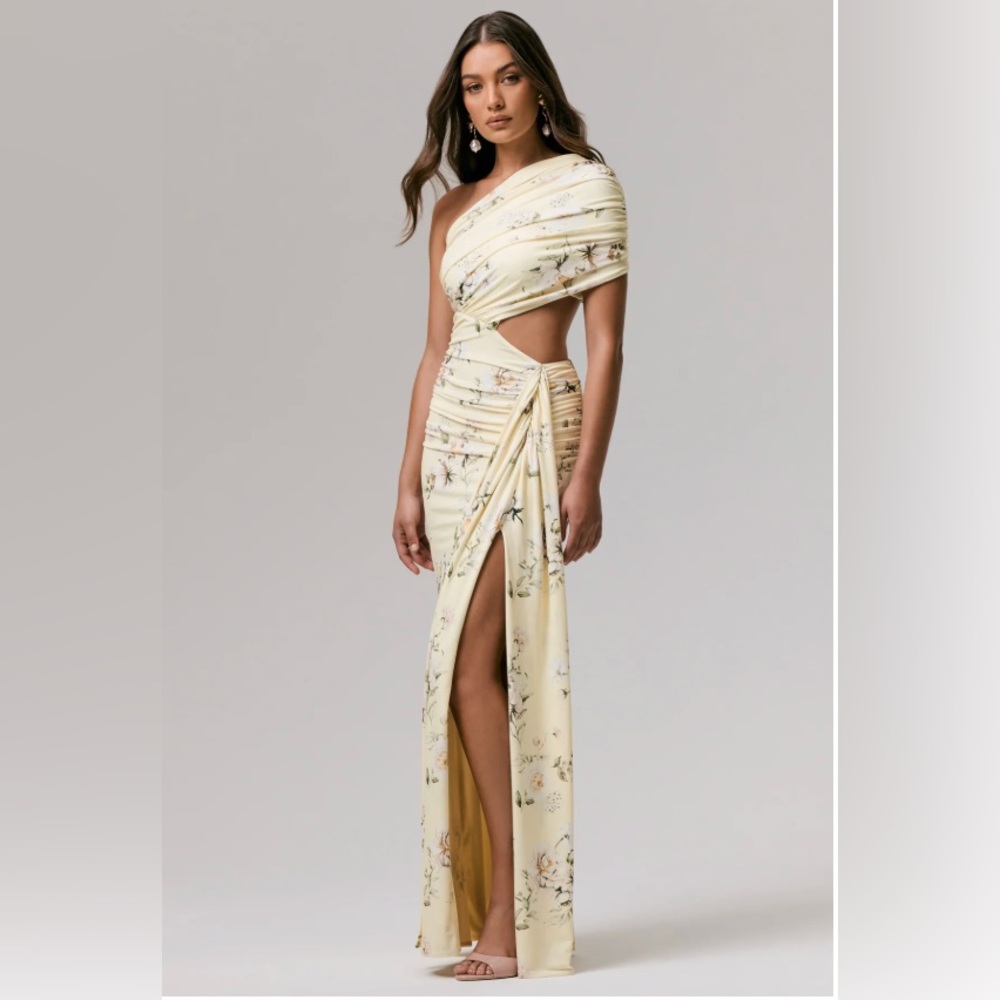 Club L London One-Shoulder Pale Yellow Floral Cutout Maxi Dress